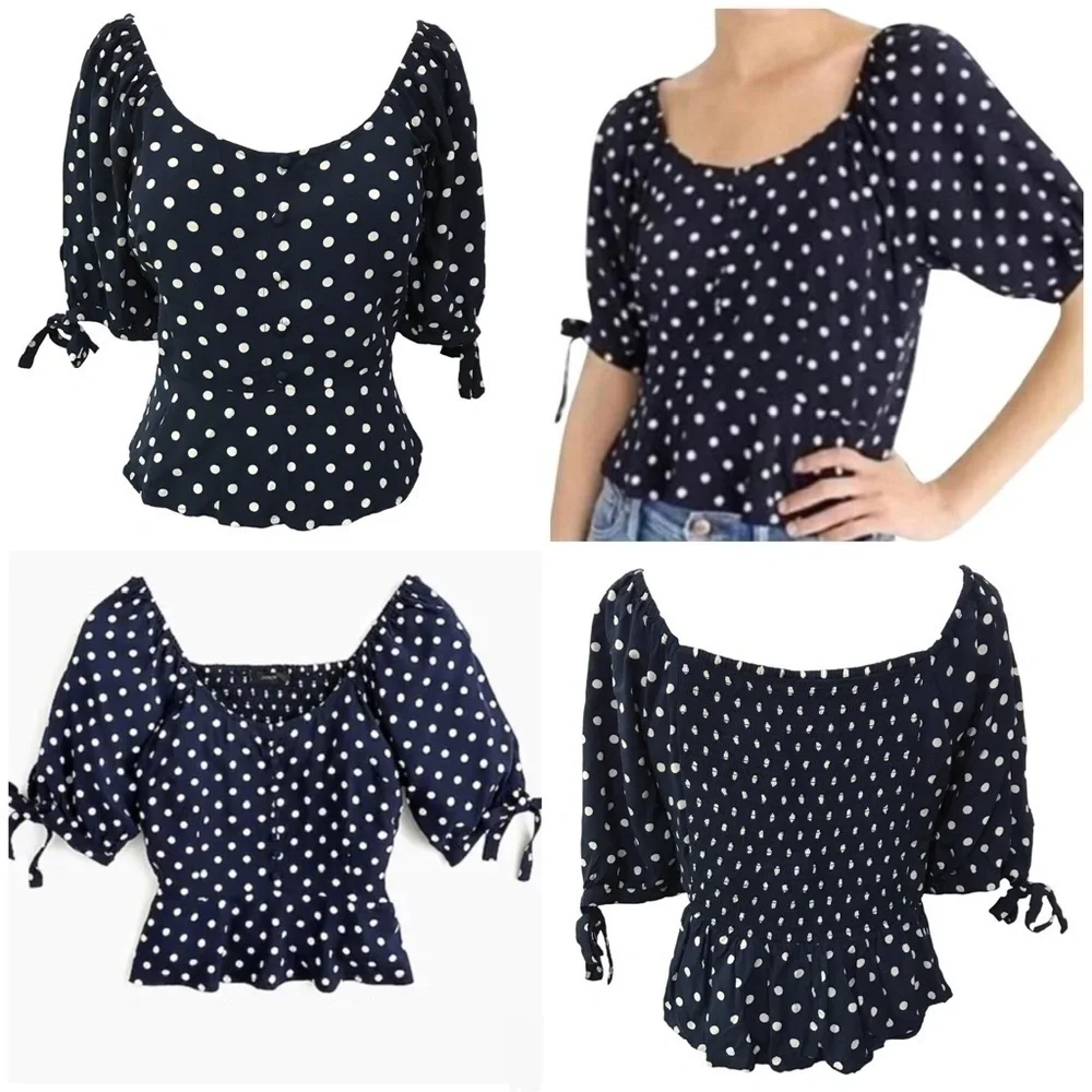 J. Crew Blue Polka Dot Smocked Puff Sleeve Blouse Size Small